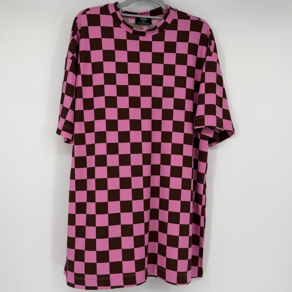 Dressed in Lala Lex Ribbed Oversize T Shirt Pink Brown Checkerboard Small